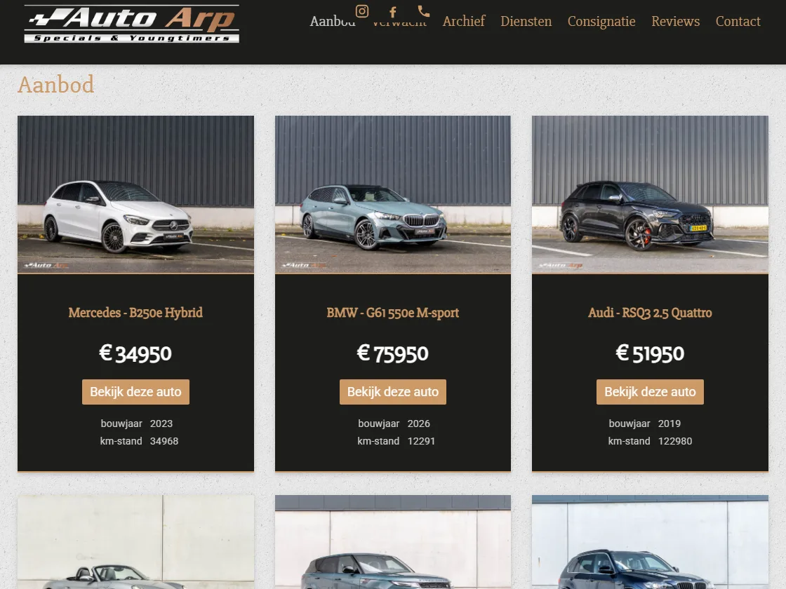 Aanbodpagina van Autoarp.nl, gebouwd door Quickpage