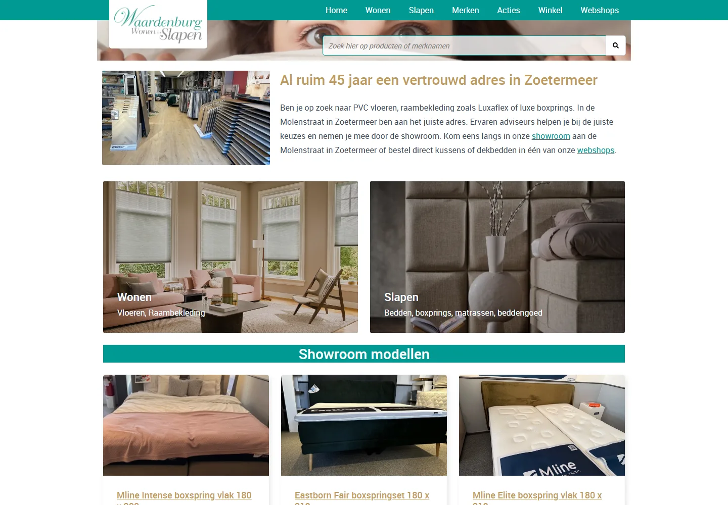 Website van Waardenburg Wonen & Slapen, gebouwd door Quickpage